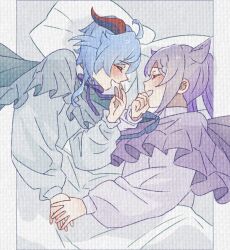 Rule 34 | 2girls, blue hair, blue sweater, closed eyes, commentary request, cone hair bun, from above, ganyu (genshin impact), genshin impact, hair bun, highres, holding hands, keqing (genshin impact), laughing, long hair, long sleeves, lying, multiple girls, neck ribbon, on bed, on side, open mouth, pajamas, pillow, purple hair, purple ribbon, ribbon, smile, sweater, under covers, upper body, wu qin (gyxx 04), yuri