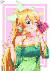 Rule 34 | 1girl, ;), alternate costume, bare shoulders, blonde hair, blush, box, braid, breasts, cleavage, closed mouth, collarbone, commentary request, dress, green dress, green eyes, hair between eyes, hair ornament, hands up, heart, high ponytail, highres, holding, ken-ji, large breasts, leafa, long hair, long sleeves, looking at viewer, off-shoulder dress, off shoulder, one eye closed, pink background, plaid, pointy ears, ponytail, smile, solo, strapless, strapless dress, sword art online, twin braids, upper body, very long hair, white background