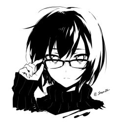 Rule 34 | 1girl, arisaka ako, closed mouth, expressionless, glasses, greyscale, looking at viewer, monochrome, original, portrait, short hair, sidelocks, simple background, sketch, solo, sweater, turtleneck, turtleneck sweater, twitter username