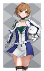 Rule 34 | 1girl, absurdres, argyle, argyle background, argyle clothes, bandaid, bandaid on face, belt, black thighhighs, blue jacket, blush, border, brown eyes, closed mouth, collarbone, cosplay, fuji speedway, gloves, grey background, helmet, highres, holding, holding helmet, jacket, kantai collection, light brown hair, looking at viewer, oboro (kancolle), official alternate costume, race queen, short hair, smile, solo, thighhighs, umibudou, white belt, white border, white gloves, white jacket