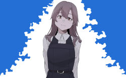 Rule 34 | 1girl, absurdres, alternate costume, arashio (kancolle), black dress, brown eyes, brown hair, closed mouth, daigaku jitome, dress, highres, kantai collection, long hair, long sleeves, shirt, simple background, solo, two-tone background, upper body, white shirt