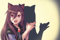 Rule 34 | &gt;:d, 1girl, :d, animal ears, bad id, bad pixiv id, brooch, brown hair, doyagao, dress, eyelashes, fang, fingernails, hair between eyes, imaizumi kagerou, jewelry, long hair, long sleeves, looking at viewer, moss (sphere211), nail polish, name connection, object namesake, open mouth, pun, red eyes, shadow puppet, smile, smug, solo, touhou, v-shaped eyebrows, wolf ears