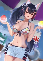 Rule 34 | 1girl, absurdres, animal ear fluff, animal ears, bikini, bikini under clothes, black hair, blue sky, blush, breasts, brown eyes, cleavage, cloud, cloudy sky, food, front-tie bikini top, front-tie top, hair ornament, hairpin, halterneck, highres, holding, holding food, hololive, long hair, miyakoshin053, multicolored hair, navel, ookami mio, ookami mio (hololive summer 2019), open mouth, parasol, poster (object), red hair, shaved ice, shorts, side-tie bikini bottom, sky, solo, string bikini, swimsuit, tail, two-tone hair, umbrella, virtual youtuber, wolf ears, wolf girl, wolf tail, wooden floor