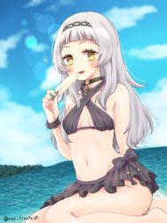 Rule 34 | 1girl, bare shoulders, bikini, blunt bangs, blush, bracelet, breasts, cloud, day, food, groin, headband, highres, hololive, jewelry, lens flare, long hair, looking at viewer, mao hinata, murasaki shion, murasaki shion (hololive summer 2019), navel, ocean, official alternate costume, orange eyes, outdoors, popsicle, sitting, sky, small breasts, solo, swimsuit, virtual youtuber, white hair