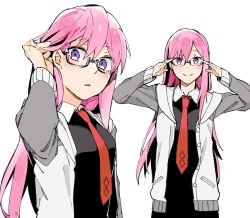 Rule 34 | 1girl, adjusting hair, alternate hair length, alternate hairstyle, black-framed eyewear, black shirt, blush, breasts, buttons, chaldea logo, closed mouth, collared shirt, commentary request, fate/grand order, fate (series), glasses, grey jacket, hair between eyes, hand in own hair, highres, hood, hood down, hooded jacket, jacket, long hair, long sleeves, looking at viewer, mash kyrielight, multicolored clothes, multicolored jacket, naosuke (morioka shachuu), necktie, open clothes, open jacket, parted lips, pink hair, pocket, purple eyes, red necktie, shirt, simple background, smile, solo, upper body, white background, white jacket