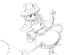 Rule 34 | 1girl, broom, broom riding, female focus, greyscale, hat, kirisame marisa, lineart, monochrome, sidesaddle, solo, touhou, witch hat