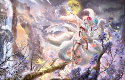 Rule 34 | 1girl, ahri (league of legends), alternate hair length, alternate hairstyle, animal ears, bell, blue eyes, boots, breasts, cleavage, closed mouth, dress, facial mark, flower, fox ears, fox tail, full body, full moon, hair flower, hair ornament, highres, korean clothes, league of legends, lips, long sleeves, medium breasts, moon, multiple tails, nose, outdoors, pantyhose, red flower, sangrde, sash, short dress, snow, solo, tail, thigh strap, tree, whisker markings, white dress, white footwear, white hair, white pantyhose, wolf ears, wolf girl, wolf tail