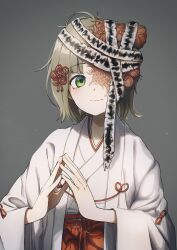 Rule 34 | 1girl, absurdres, bandaged head, bandages, body horror, brown hair, chihaya (clothing), closed mouth, commentary request, disfigured, flesh, flower knot, green eyes, grey background, hair ornament, hakama, highres, japanese clothes, kareido (kaleidoscope), kimono, long sleeves, looking at viewer, miko, missing eye, original, own hands together, red hakama, short hair, simple background, smile, solo, steepled fingers, upper body, white kimono