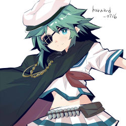Rule 34 | 1girl, armor, black skirt, cape, commentary request, eyepatch, green eyes, green hair, hat, kantai collection, kiso (kancolle), kiso kai ni (kancolle), looking at viewer, one-hour drawing challenge, pauldrons, pleated skirt, sailor hat, sanninme no haru, school uniform, serafuku, short hair, shoulder armor, simple background, single pauldron, skirt, solo, twitter username, white background, white skirt