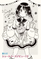 Rule 34 | 1girl, :o, blush, bow, commentary request, copyright name, cover, cover page, dress, frilled dress, frills, greyscale, hair bow, kneehighs, long hair, looking at viewer, monochrome, parted lips, pennant, sailor collar, sailor dress, sakura oriko, short sleeves, sitting, socks, solo, string of flags, stuffed animal, stuffed cat, stuffed rabbit, stuffed sheep, stuffed toy, swing!!, teddy bear, translation request, twintails, v arms