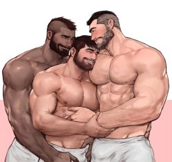 Rule 34 | 3boys, abs, adonis belt, arm hair, assisted exposure, bara, bare pectorals, beard, blush, body hair, boy sandwich, bulge, chest hair, crotch grab, dark-skinned male, dark skin, dopey (dopq), eye contact, face to pecs, facial hair, grey hair, group sex, guided pectoral grab, guiding hand, highres, interracial, large pectorals, looking at another, male focus, manly, mature male, mmm threesome, mohawk, multiple boys, muscular, muscular male, mustache, naked towel, nipples, old, old man, original, pectorals, sandwiched, short hair, sideburns, size difference, smile, stomach, thick eyebrows, threesome, towel, undercut, undressing another, very dark skin, yaoi