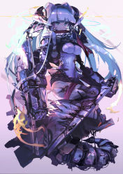 Rule 34 | 1girl, android, blue eyes, blue hair, breasts, covered erect nipples, damaged, floating hair, highres, holding, holding knife, knife, long hair, looking at viewer, mecha musume, mechanical arms, mechanical parts, medium breasts, nanatsuki sousuke, original, pile bunker, science fiction, sitting, smile, solo, twintails, v-shaped eyebrows, very long hair