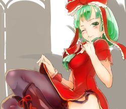 Rule 34 | black garter straps, black thighhighs, blunt bangs, blush, boots, bow, breasts, china dress, chinese clothes, clothes lift, cross-laced footwear, dress, finger to mouth, frilled ribbon, frills, front ponytail, garter straps, green eyes, green hair, hair bow, hair ribbon, kagiyama hina, lace, lace-trimmed legwear, lace trim, lifting own clothes, lips, looking at viewer, medium breasts, mountain of faith, one eye closed, red dress, ribbon, shushing, side slit, sinzan, sitting, skirt, skirt lift, smile, teeth, thighhighs, touhou, wristband