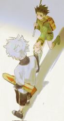 Rule 34 | 2boys, backpack, bag, black hair, brown eyes, child, corrupted twitter file, fishing rod, from above, full body, gon freecss, green footwear, green jacket, green shorts, highres, holding, holding fishing rod, holding hands, holding skateboard, hunter x hunter, jacket, killua zoldyck, layered sleeves, long sleeves, looking at another, male focus, multiple boys, shadow, shirt, short hair, short over long sleeves, short sleeves, shorts, simple background, skateboard, spiked hair, white background, white hair, white shirt, yanxy114