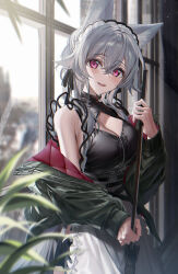 Rule 34 | 1girl, animal ears, apron, armpit crease, bare shoulders, belt, black dress, breasts, broom, cleavage, cleavage cutout, clothing cutout, cowboy shot, dress, fox ears, frilled dress, frills, green jacket, grey hair, highres, holding, holding broom, jacket, kawachi rin, large breasts, long hair, long sleeves, looking at viewer, maid, maid headdress, off shoulder, open clothes, open jacket, open mouth, original, pink eyes, sleeveless, sleeveless dress, smile, solo, standing, waist apron, zipper