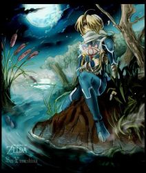 Rule 34 | 1girl, androgynous, bandages, blonde hair, border, disguise, full moon, harp, instrument, lake, moon, night, nintendo, outdoors, red eyes, reverse trap, river, scarf, sheik, solo, surcoat, the legend of zelda, the legend of zelda: ocarina of time, water, yumeshima sui
