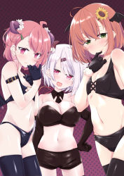 Rule 34 | 3girls, ahoge, arm at side, arm belt, bad id, bad pixiv id, bare shoulders, bikini, black bikini, black gloves, black legwear, black neckwear, black shorts, blush, breasts, brown hair, buttons, cleavage, cross-laced clothes, cross-laced top, demon wings, detached collar, dot nose, earrings, elbow gloves, finger to mouth, flat chest, flower, gloves, green eyes, hair behind ear, hair flower, hair ornament, hairclip, half-closed eyes, hand on own hip, head tilt, head wings, heart, heart background, highres, honma himawari, horns, itou ayachi, jewelry, large breasts, leather bikini, lips, looking at viewer, medium hair, midriff, multiple girls, navel, necktie, nijisanji, open mouth, patterned background, pink eyes, pink hair, purple background, sasaki saku, shiina yuika, short hair, short necktie, short shorts, shorts, silver hair, simple background, small breasts, smile, stomach, strapless, sunflower, sunflower hair ornament, swimsuit, thighhighs, tube top, virtual youtuber, wings