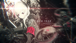 Rule 34 | 1girl, absurdres, assault rifle, bad id, bad pixiv id, blurry, character name, chromatic aberration, closed mouth, depth of field, dutch angle, eotech, girls&#039; frontline, gun, happy new year, highres, holding, holding gun, holding weapon, hood, hooded jacket, jacket, lens flare, long hair, looking at viewer, m4 carbine, m4 sopmod ii (girls&#039; frontline), mienthoa, military, military uniform, multicolored hair, new year, purple eyes, purple hair, rifle, solo, streaked hair, uniform, weapon, white hair