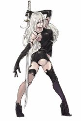 Rule 34 | 1girl, android, ass, bad id, bad twitter id, blue eyes, bodysuit, breasts, doll joints, elbow gloves, full body, gloves, highres, joints, katana, long hair, mandrill, nari, nier (series), nier:automata, silver hair, simple background, sketch, solo, standing, sword, teshima nari, thighhighs, weapon, white background, a2 (nier:automata)
