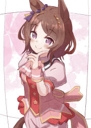 Rule 34 | 1girl, animal ears, blush, brown hair, closed mouth, collared shirt, commentary request, floral background, flower-shaped pupils, hand up, highres, horse ears, horse girl, horse tail, jacket, parted bangs, pink jacket, pink shorts, puffy short sleeves, puffy sleeves, purple eyes, red vest, sakura laurel (umamusume), shirt, short sleeves, shorts, smile, solo, sunanuko (ramuneko), symbol-shaped pupils, tail, umamusume, vest, white background, wrist cuffs