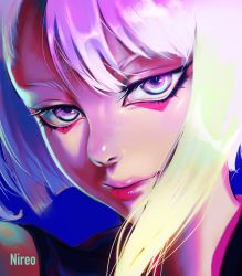 Rule 34 | 1girl, artist name, bob cut, close-up, commentary, cyberpunk (series), cyberpunk 2077, cyberpunk edgerunners, english commentary, eyeliner, eyeshadow, highres, inverted bob, lips, looking at viewer, lucy (cyberpunk), makeup, multicolored eyes, multicolored hair, neon lights, neon palette, nnireoo, pink hair, red eyeliner, red eyeshadow, short hair, smile, tsurime, white hair