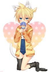 Rule 34 | 1boy, animal ears, bad id, bad pixiv id, blonde hair, blue eyes, cat boy, cat ears, cat tail, character doll, crossdressing, jacket, kagamine len, kaito (vocaloid), kneeling, male focus, omochi (ananno1), one-piece swimsuit, school swimsuit, short hair, solo, swimsuit, swimsuit under clothes, tail, thighhighs, trap, vocaloid