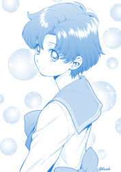 Rule 34 | 1girl, bishoujo senshi sailor moon, blue theme, bow, closed mouth, commentary request, earrings, female focus, from side, jewelry, juuban middle school uniform, kouda tomohiro, long sleeves, looking at viewer, looking back, mizuno ami, monochrome, sailor collar, school uniform, serafuku, shirt, short hair, signature, simple background, smile, solo, sparkle, stud earrings, twitter username, upper body