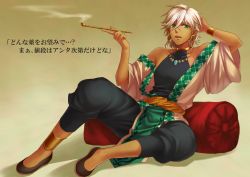 Rule 34 | 1boy, ankle cuffs, braid, earrings, green eyes, halterneck, holding, holding smoking pipe, hoop earrings, jewelry, male focus, necklace, original, pillow, pixiv fantasia, pixiv fantasia fallen kings, setsuna215, shadow, sitting, smoking pipe, solo, translation request, white hair, wrist cuffs