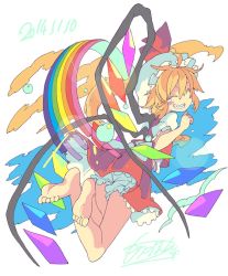 Rule 34 | 1girl, ascot, back, barefoot, blonde hair, bloomers, blush, bow, closed eyes, crystal, dated, flandre scarlet, full body, hat, hat ribbon, highres, mob cap, morino hon, puffy sleeves, rainbow, ribbon, sharp teeth, shirt, short hair, short sleeves, signature, simple background, skirt, skirt set, smile, solo, tears, teeth, touhou, underwear, vest, white background, wings