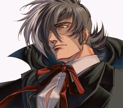 Rule 34 | 1boy, black jack (character), black jack (series), black jacket, bright pupils, brown eyes, closed mouth, hair over one eye, highres, jacket, long sideburns, looking ahead, male focus, mature male, multicolored hair, oldkin, portrait, red ribbon, ribbon, shirt, short hair, sideburns, solo, stitched face, stitches, two-tone hair, white background, white pupils, white shirt