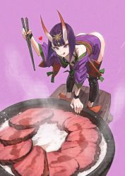 Rule 34 | 1girl, :q, ass, bare shoulders, beef, bent over, blunt bangs, bob cut, bowl, breasts, chopsticks, collarbone, commentary, commission, eyeliner, fate/grand order, fate (series), food, headpiece, heart, highres, horns, japanese clothes, jun (navigavi), kimono, makeup, making-of available, oni, open clothes, open kimono, oversized food, oversized object, purple background, purple eyes, purple hair, purple kimono, revealing clothes, rice, rice bowl, short eyebrows, short hair, shuten douji (fate), skeb commission, skin-covered horns, small breasts, smile, sparkling eyes, steam, tongue, tongue out