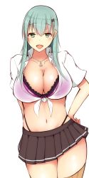 Rule 34 | 1girl, aqua hair, arm behind back, blush, bra, breasts, brown skirt, brown thighhighs, cleavage, green eyes, hair ornament, hairclip, hand on back, hand on own hip, highres, jewelry, kantai collection, katsuten, large breasts, long hair, looking at viewer, navel, necklace, open mouth, panties, purple bra, skirt, smile, solo, suzuya (kancolle), tank top, thighhighs, underwear, white background, white tank top
