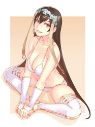 Rule 34 | 1girl, bare arms, bare shoulders, bikini, blush, breasts, brown eyes, brown hair, butt crack, cleavage, collarbone, earrings, fate/grand order, fate (series), feet, full body, hair between eyes, hands on feet, highres, hoop earrings, indian style, jewelry, knees apart feet together, large breasts, long hair, looking at viewer, parted lips, single toe, sitting, smile, solo, swimsuit, thighhighs, toeless legwear, toes, v arms, vambraces, very long hair, white bikini, white thighhighs, xuangzang sanzang (fate), yuuji (and)