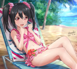 Rule 34 | 1girl, :d, bare arms, bare shoulders, beach, beach chair, bikini, black hair, blue sky, blush, bow, breasts, cloud, collarbone, commentary request, dated, day, fingernails, floral print, flower, frilled bikini, frills, hair between eyes, hair ornament, hair scrunchie, hands up, hibiscus, highres, lens flare, looking at viewer, love live!, love live! school idol project, medium hair, navel, ocean, open mouth, outdoors, palm tree, pink bikini, pink bow, pink scrunchie, print bikini, reclining, red eyes, red flower, round teeth, sand, scrunchie, shamakho, shiny skin, sidelocks, signature, sky, small breasts, smile, solo, stomach, swimsuit, teeth, tree, twintails, upper teeth only, yazawa nico