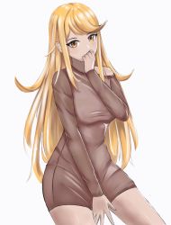 Rule 34 | blonde hair, highres, langspower, long hair, long sleeves, mythra (xenoblade), simple background, sitting, sweater, turtleneck, turtleneck sweater, white background, xenoblade chronicles (series), xenoblade chronicles 2, yellow eyes