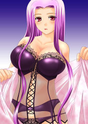Rule 34 | 00s, 1girl, bare shoulders, breasts, bustier, cleavage, fate/hollow ataraxia, fate/stay night, fate (series), highres, kizaki yuuri, large breasts, lingerie, long hair, medusa (fate), medusa (rider) (fate), panties, purple hair, red eyes, solo, underwear