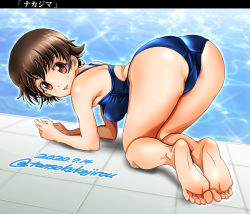 Rule 34 | 1girl, absurdres, all fours, ass, back cutout, barefoot, blue one-piece swimsuit, breasts, brown eyes, brown hair, character name, closed mouth, clothing cutout, commentary, competition swimsuit, crotch seam, dated, girls und panzer, highres, looking at viewer, looking back, medium breasts, nakajima (girls und panzer), one-hour drawing challenge, one-piece swimsuit, poolside, shadow, short hair, skindentation, smile, solo, sparkle, swimsuit, tomokoji, twitter username