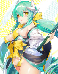 Rule 34 | 1girl, :d, aqua hair, bare shoulders, bikini, blush, bow, breasts, cleavage, dragon horns, fate/grand order, fate (series), hair between eyes, hair bow, hayama eishi, highres, horns, japanese clothes, kimono, kiyohime (fate), kiyohime (fate/grand order), kiyohime (swimsuit lancer) (fate), kiyohime (swimsuit lancer) (first ascension) (fate), large breasts, long hair, long sleeves, looking at viewer, open mouth, polearm, short kimono, sketch, smile, solo, swimsuit, very long hair, weapon, wide sleeves, yellow bikini, yellow bow, yellow eyes