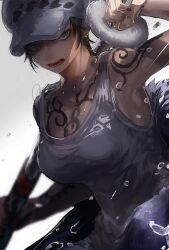 Rule 34 | 1girl, arm tattoo, arm up, armpits, bare arms, bare shoulders, black hair, blurry, blurry background, breasts, camisole, chest tattoo, commentary, fingernails, genderswap, genderswap (mtf), hat, highres, holding, holding sheath, holding sword, holding weapon, large breasts, looking at viewer, medium breasts, one piece, open mouth, sazu 00, scabbard, sheath, short hair, shoulder tattoo, solo, sword, symbol-only commentary, tattoo, taut camisole, taut clothes, trafalgar law, unsheathing, upper body, weapon, wet, wet face, white camisole