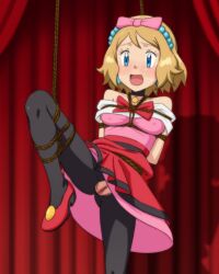 Rule 34 | 1girl, absurdres, arms behind back, bare shoulders, bdsm, black choker, black pantyhose, blonde hair, blue eyes, blush, bondage, bound, bow, breasts, censored, choker, collarbone, commentary request, covered erect nipples, creatures (company), eyelashes, game freak, hairband, highres, leg up, medium hair, miraa (chikurin), mosaic censoring, nintendo, off-shoulder shirt, off shoulder, open mouth, pantyhose, pink bow, pokemon, pokemon (anime), pokemon xy (anime), pussy, pussy cutout, raised eyebrows, red footwear, red skirt, rope, serena (pokemon), shibari, shirt, shoes, skirt, solo, stage curtains, sweat