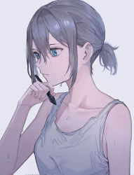 Rule 34 | 1girl, bare shoulders, blue eyes, breasts, collarbone, hair between eyes, highres, open mouth, original, ponytail, shichi (ratorin53), shirt, sidelocks, simple background, small breasts, solo, sweat, sweatdrop, tank top, white background, white shirt