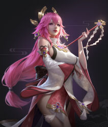 Rule 34 | 1girl, absurdres, animal ears, arm under breasts, breasts, cranny91, detached sleeves, earrings, floppy ears, fox ears, genshin impact, highres, holding, holding wand, japanese clothes, jewelry, large breasts, long hair, low-tied long hair, nontraditional miko, parted lips, pink hair, purple eyes, sideboob, solo, standing, tassel, thighs, wand, wide sleeves, yae miko