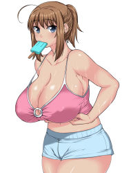 Rule 34 | 1girl, blue eyes, breasts, brown hair, cleavage, food, hot, huge breasts, ice cream, komusou (jinrikisha), looking at viewer, midriff, navel, o-ring, ooba minori, original, popsicle, short shorts, shorts, simple background, solo, standing, strap gap, sweat, white background
