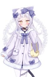 1girl :q blush coat cocozasa hat highres hololive long_hair looking_at_viewer murasaki_shion pantyhose simple_background sleeves_past_wrists smile solo tail tongue tongue_out virtual_youtuber white_background white_hair white_pantyhose winter_clothes winter_coat yellow_eyes