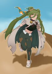 Rule 34 | 1girl, absurdres, blue sky, breasts, cloak, creatures (company), crocs, crop top, desert, game freak, gloves, green hair, ground miku (project voltage), hatsune miku, highres, long hair, medium breasts, mypoisonmilk, nintendo, pokemon, project voltage, sky, smile, solo, twintails, very long hair, vocaloid, yellow eyes