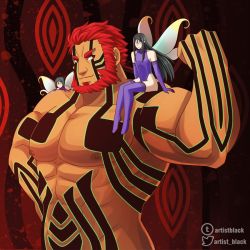 Rule 34 | 3boys, abs, artist black, bara, bare pectorals, bare shoulders, beard, biceps, clothing cutout, crossdressing, crossover, demi-fiend, facial hair, fairy, fairy wings, fate/grand order, fate/zero, fate (series), flexing, giant, giant male, iskandar (fate), large pectorals, lord el-melloi ii, male focus, multiple boys, muscular, navel, nipples, pectorals, red eyes, red hair, shin megami tensei, shin megami tensei iii: nocturne, short hair, thigh cutout, thighhighs, waver velvet, wings