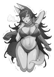 Rule 34 | 1girl, @ @, animal ear fluff, animal ears, armpits, arms behind back, bikini, breasts, breath, cleavage, curvy, greyscale, highres, holding, holding clothes, holding scarf, hololive, inamimi (sheep1733), kneeling, large breasts, long hair, monochrome, navel, ookami mio, open mouth, scarf, solo, swimsuit, tail, teeth, thighs, trembling, upper teeth only, virtual youtuber, wide hips, wolf girl, wolf tail