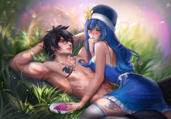 Rule 34 | 1boy, 1girl, abs, arms behind head, black hair, blue dress, blue hair, blurry, blush, brown eyes, chromatic aberration, depth of field, dress, closed eyes, fairy tail, flower, grass, gray fullbuster, hand to own mouth, hat, hat flower, heart, jewelry, juvia lockser, light particles, lying, muscular, necklace, on back, pendant, sakimichan, topless male, sitting, sitting on lap, sitting on person, spiked hair, tattoo, thighhighs