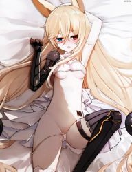 Rule 34 | 1girl, animal ears, barcode, barcode tattoo, bed sheet, black gloves, blonde hair, blue eyes, blush, bra, breasts, commentary request, fang, fox ears, g41 (girls&#039; frontline), girls&#039; frontline, gloves, hair between eyes, heterochromia, long hair, low-tied long hair, lying, medium breasts, nekoya (liu), nose blush, on back, open mouth, panties, panty pull, red eyes, solo, tattoo, thighhighs, underwear, underwear only, very long hair, white bra, white panties