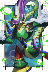 Rule 34 | 1boy, armor, border, bubble, green armor, mega man (series), mega man x (series), non-humanoid robot, robot, robot animal, solo, toxic seahorse (mega man), watermark, white border, yamanashi taiki